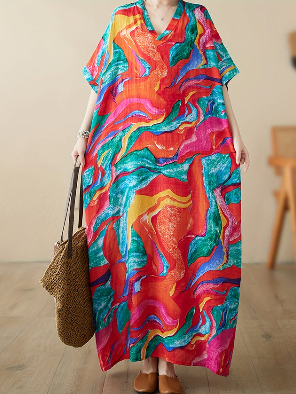 901- Bohemian V-Neck Plus Size Maxi Dress, Colorful Abstract Print, Casual Loose-Fitting Summer Gown for Women