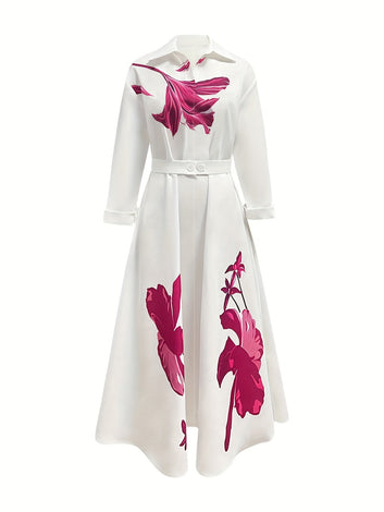 908-Floral Print Button Front With Pocket Dress, Elegant Long Sleeve A-line Dress For Spring & Fall, Women's Clothing