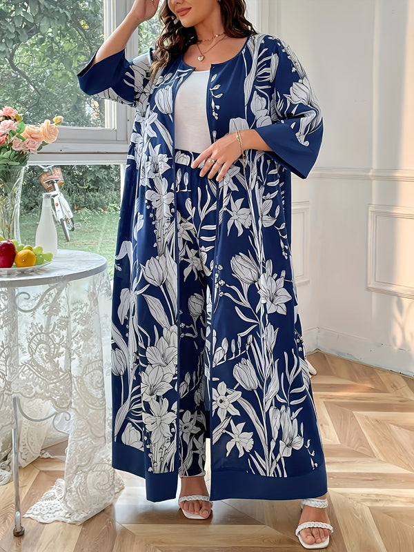 9004- Floral Print Two-piece Set, 3/4 Sleeve Open Front Coat & Pants Outfits, Women's Plus Size Clothing