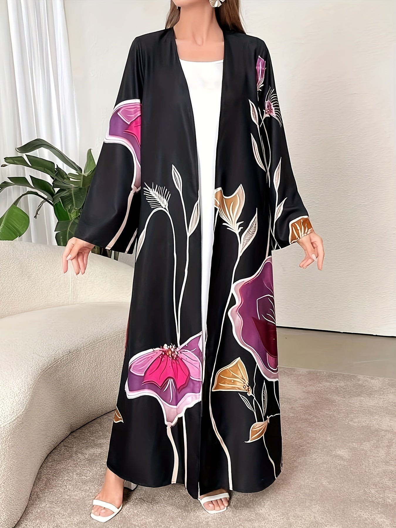 00946 Floral Print Long Sleeve Gown, Elegant Open Front Maxi Length Dress,