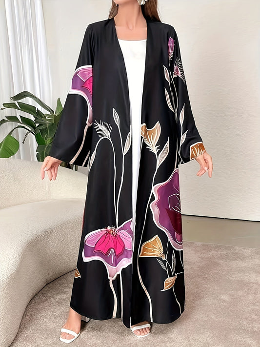 00946 Floral Print Long Sleeve Gown, Elegant Open Front Maxi Length Dress,