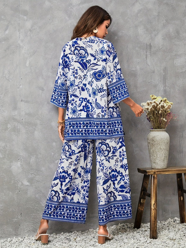 9066-Floral Print Matching Two-piece Set, Casual Half Sleeve Shirt & Wide Leg Pants Outfits, Women's Clothing