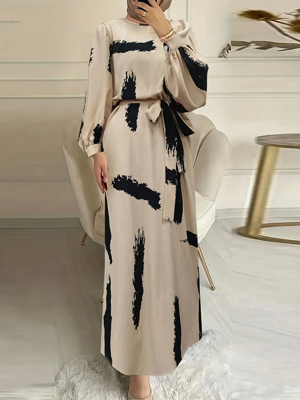 9023 Brush Print Lace Up Maxi Dress, Elegant Crew Neck Long Sleeve Dress For Spring & Fall, Women's Clothing