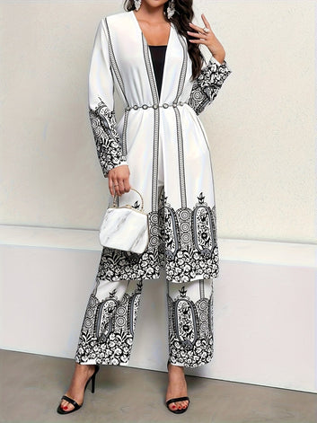 9007-Tribal Print Matching Three-piece Set, Casual Open Front Long Sleeve Top & Wide Leg Pants Outfits, Women's Clothing