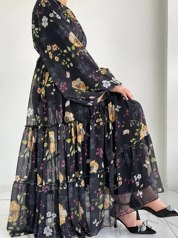 9055-Floral Print Long Sleeve Abayas Dress, Elegant Ruffle Hem Maxi Length Dress, Women's Clothing