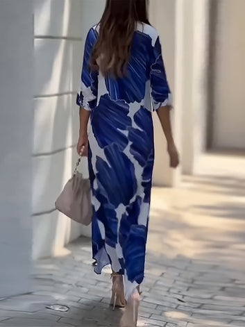 9021 Abstract Print Button Front Shirt Dress, Elegant 3/4 Sleeve Maxi Dress For Spring & Fall, Women's Clothing