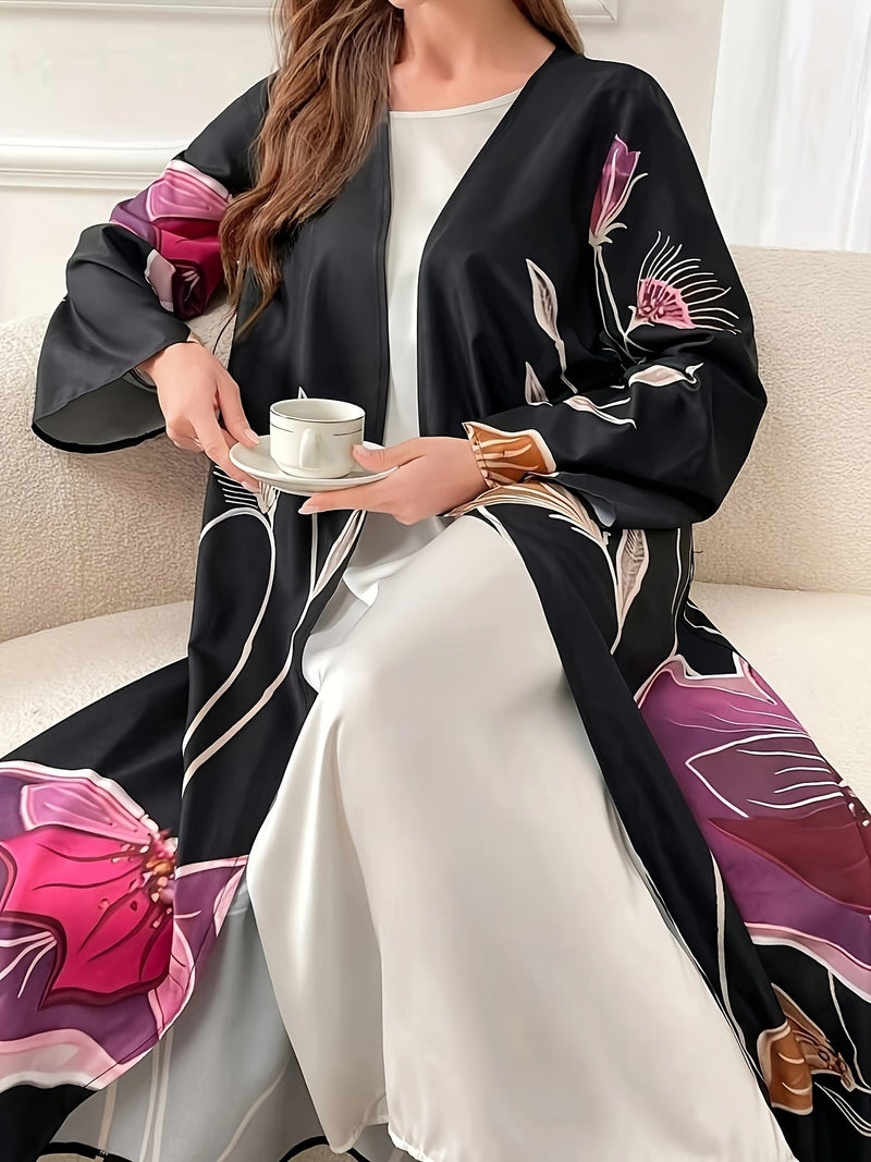 00946 Floral Print Long Sleeve Gown, Elegant Open Front Maxi Length Dress,