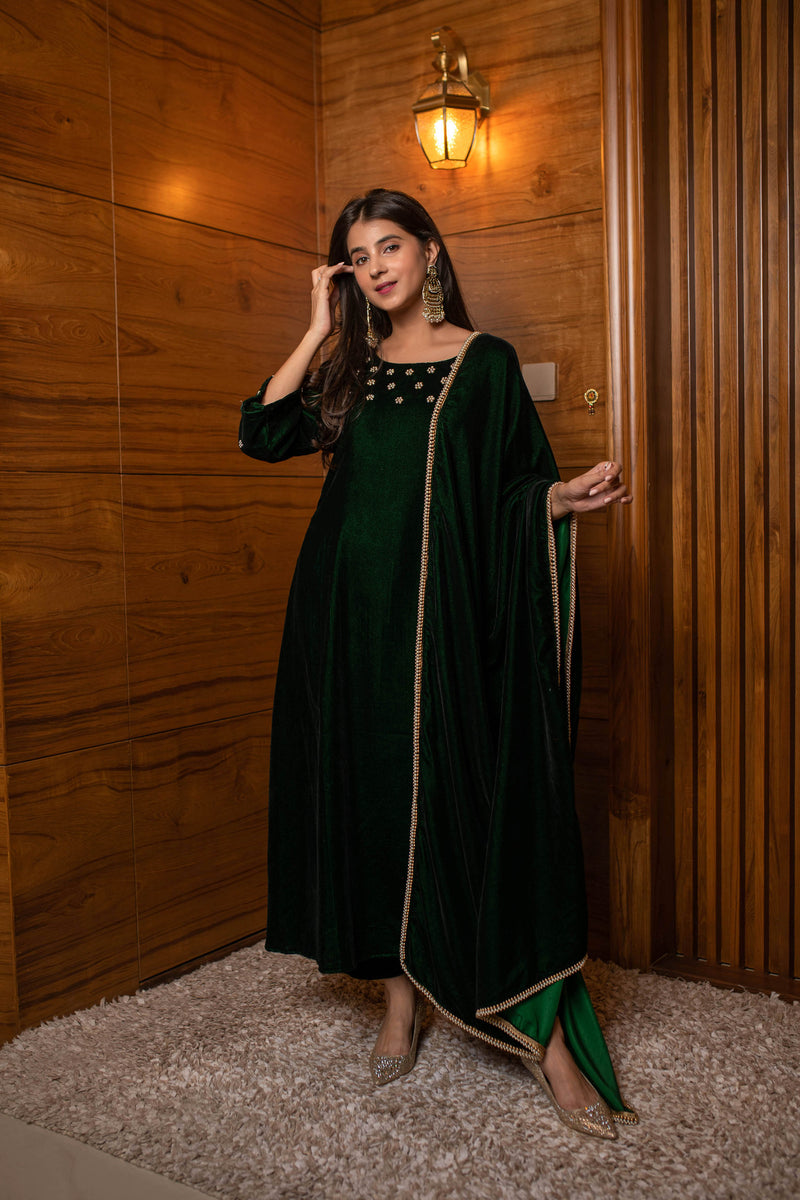 3702 Bottle Green Hand Work Velvet Kurta Set