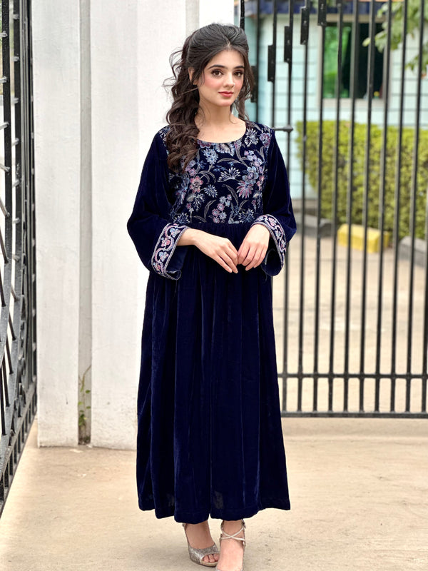 583 Indigo Embroidered Velvet Blue Maxi 50 Lenght