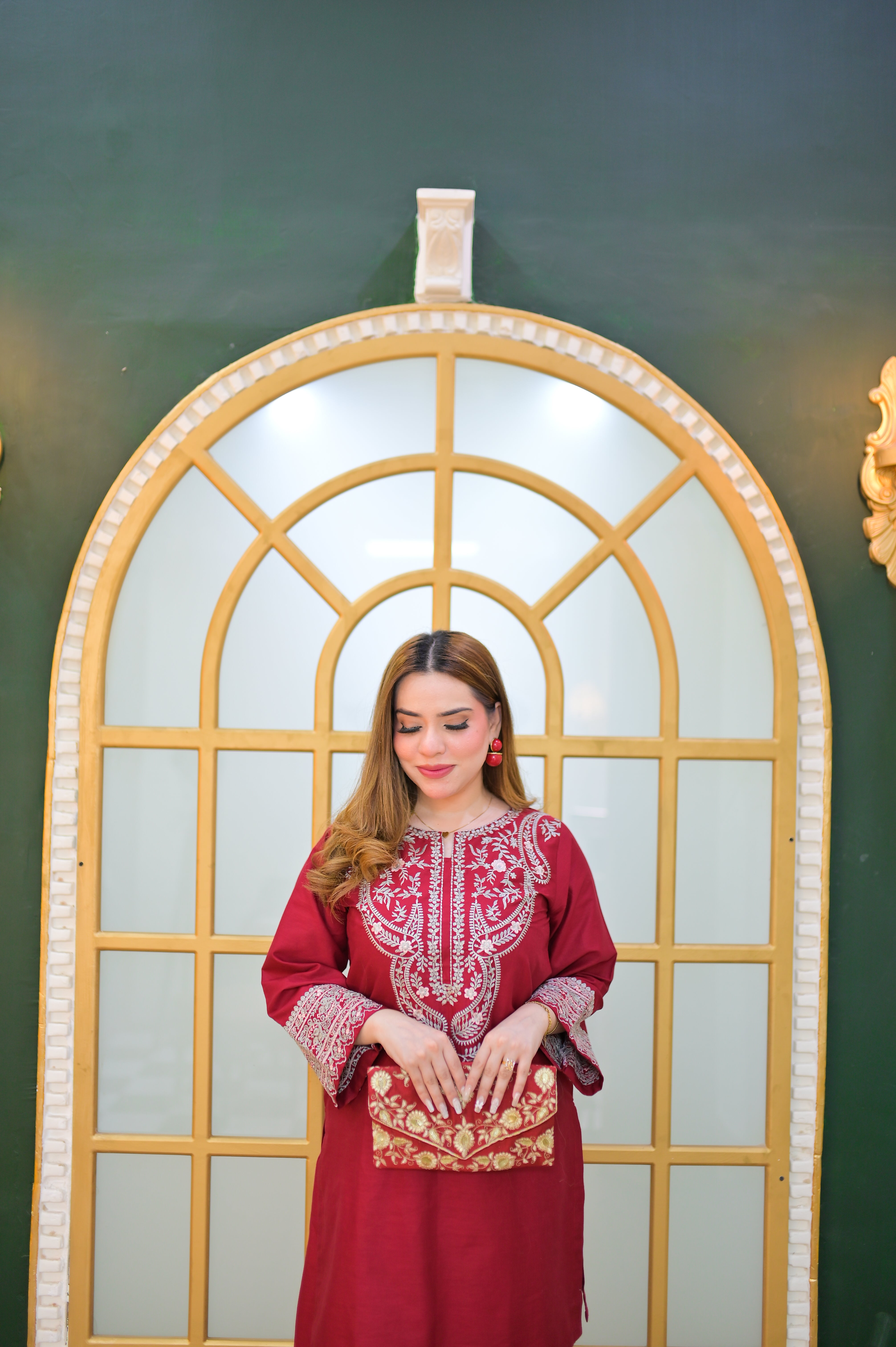 Elegant Embroidered Dress Radish Maroon