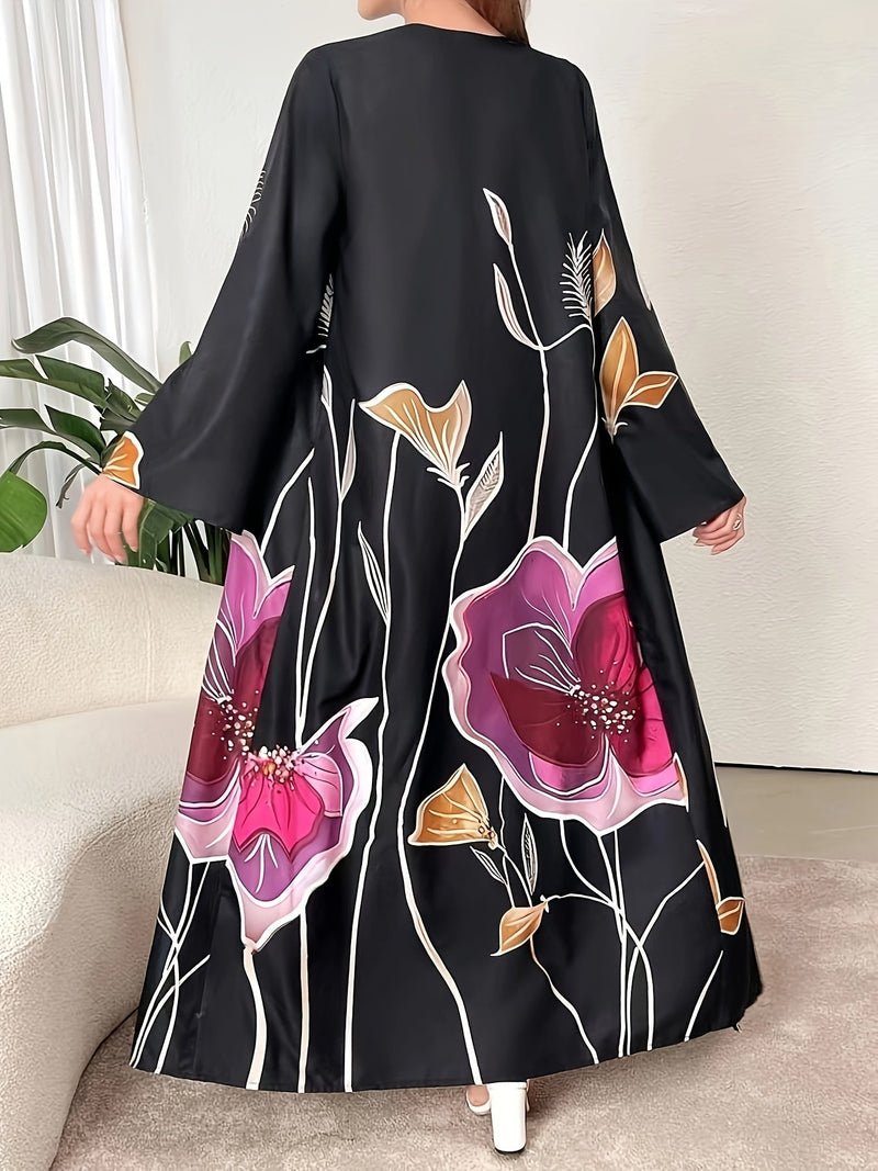 00946 Floral Print Long Sleeve Gown, Elegant Open Front Maxi Length Dress,