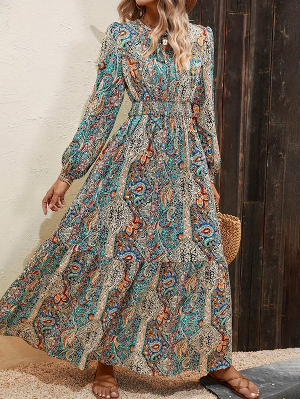 9002- Paisley Print Tie Neck Dress, Elegant Long Sleeve Shirred Waist A-line Dress For Spring & Fall,