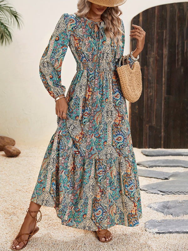 9002- Paisley Print Tie Neck Dress, Elegant Long Sleeve Shirred Waist A-line Dress For Spring & Fall,