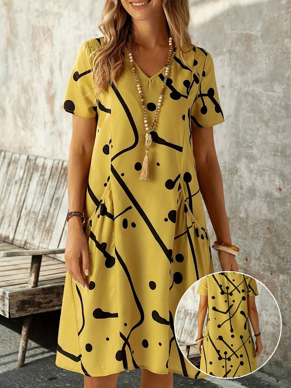 00942 Polka Dots Mixed Stripes Print Double Pockets Dress, Casual V Neck Short Sleeve Dress