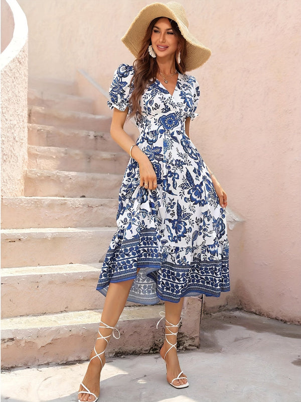 9077-Floral Print Surplice Neck A-line Dress, Elegant Short Sleeve Dress For Spring & Summer, Women's Clothing