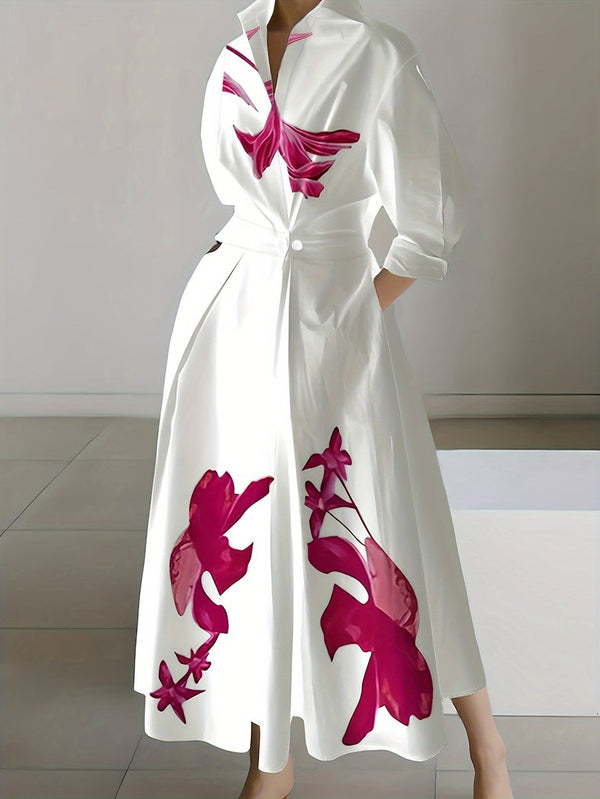 908-Floral Print Button Front With Pocket Dress, Elegant Long Sleeve A-line Dress For Spring & Fall, Women's Clothing
