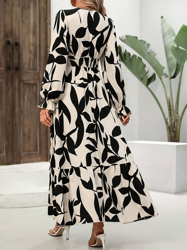 9099-Leaf Print V-neck Dress, Elegant Long Sleeve Ruffle Hem A-line Dress For Spring & Fall, Women's Clothing
