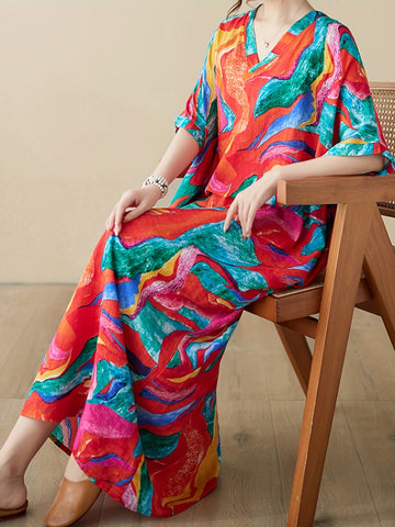 901- Bohemian V-Neck Plus Size Maxi Dress, Colorful Abstract Print, Casual Loose-Fitting Summer Gown for Women