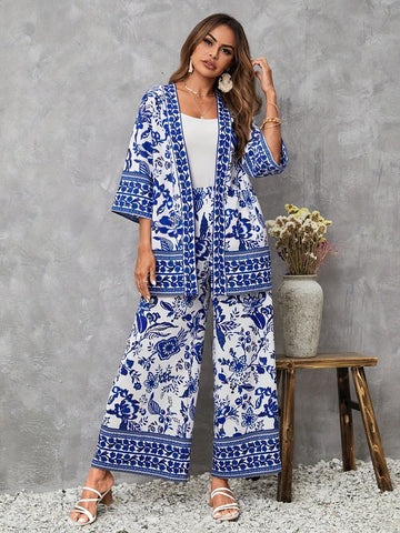 9066-Floral Print Matching Two-piece Set, Casual Half Sleeve Shirt & Wide Leg Pants Outfits, Women's Clothing