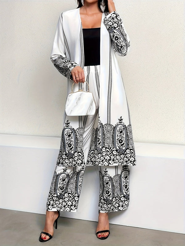 9007-Tribal Print Matching Three-piece Set, Casual Open Front Long Sleeve Top & Wide Leg Pants Outfits, Women's Clothing