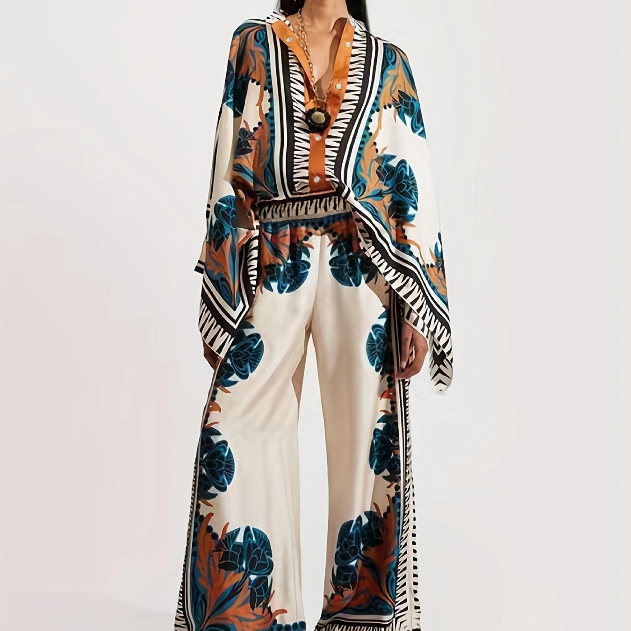 0902-Vacation Ethnic Print Two-piece Set, Long Sleeve Button Front Blouse & High Waist Wide Leg Pants Outfits, Women's Clothing