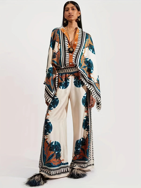 0902-Vacation Ethnic Print Two-piece Set, Long Sleeve Button Front Blouse & High Waist Wide Leg Pants Outfits, Women's Clothing