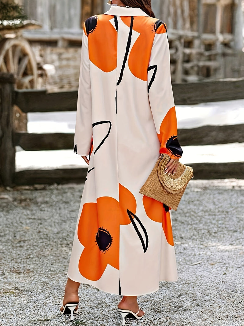 907-Floral Print Button Front Dress, Elegant Long Sleeve Loose Fit Maxi Dress, Women's Clothing