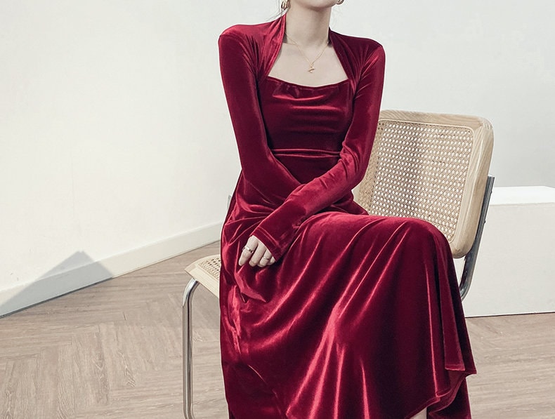 3701 Velvet dress for women, Bridesmaid Dress, Fall Winter Custom Long Sleeve Maxi Dress,