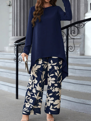 0904-Vacation Style Elegant Pantsuits, Crew Neck Long Sleeve Dipped Hem Top & Wide Leg Pants Outfits, Women's Clothing